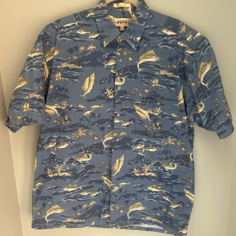 Campia Moda Hawaiian Shirt Blue Fish Print Men’s Large Cotton